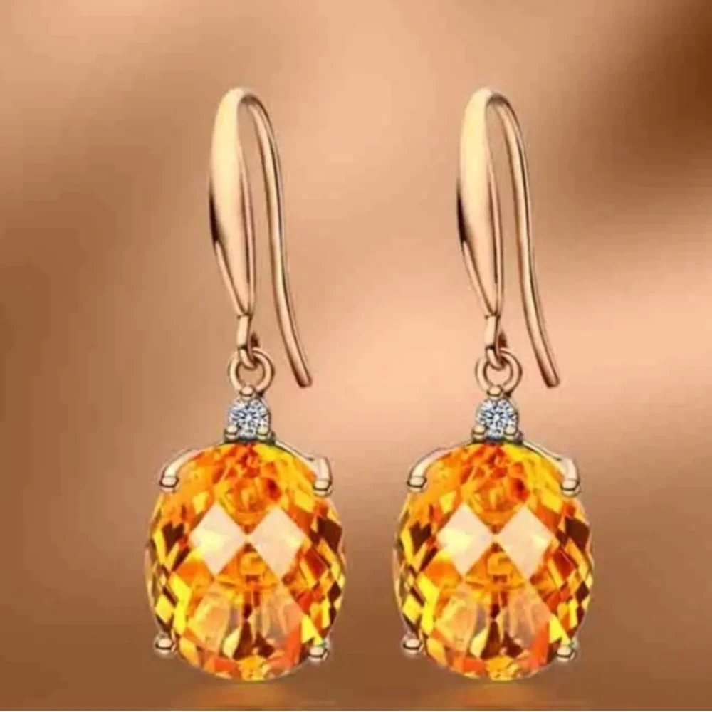 18k Gold Finish & Genuine Faceted Citrine Handcrafted Earrings Size 1/2”